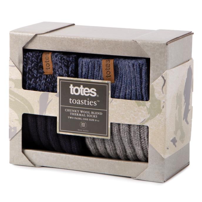 totes toasties® Mens Chunky Twist Wool Blend Boot Socks (Twin Pack) Navy / Grey Extra Image 1
